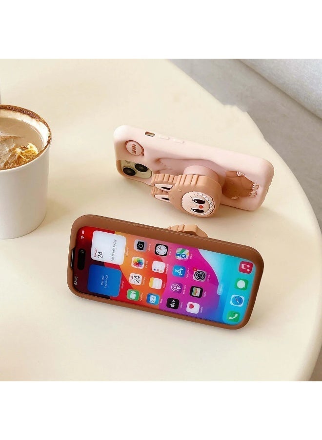 حافظة سيليكون ناعمة من  3D Character Bracket مع حامل وقاعدة لحماية شاملة لهاتف iPhone 16، مقاومة للانزلاق (بني، iPhone 16) - Image 2